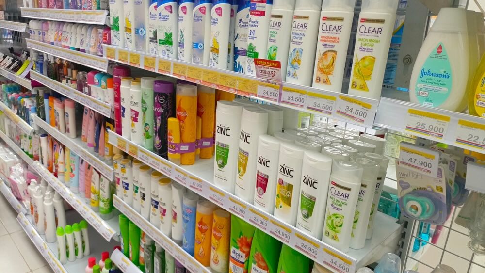 Multiple shampoo choices representing drugstore, salon, and premium options