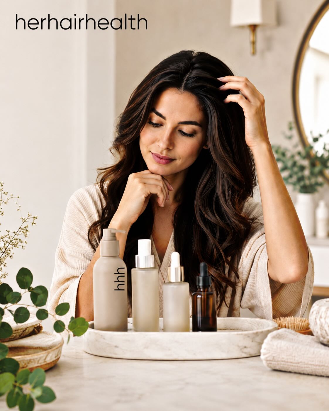 Woman comparing natural hair growth and scalp care routines at a bright vanity with unlabeled hair care bottles